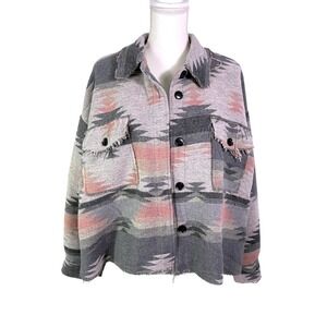 Southwest Aztec Shacket Blanket Jacket Women's L Grey Pink Frayed Hem Woven
